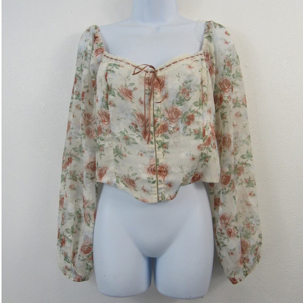 Altar'd State XL Cropped Boho Peasant Top Floral Cream Pink Puff Sleeves Blouse